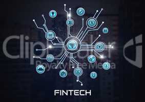 Fintech with various business icons interface in city