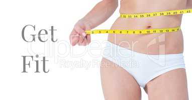 Get fit text and woman measuring waist
