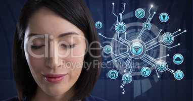 Businesswoman with eyes closed and business icons interface