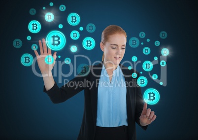 Businesswoman touching air in front of airplane in airport