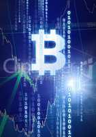 bitcoin graphic icon with binary code and market finance economy charts