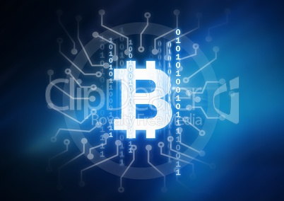 bitcoin graphic icon and binary code circuits