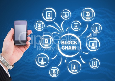 Block chain network icons and hand holding phone