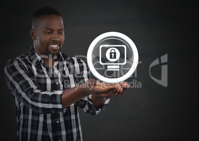 Businessman with hands palm open and security lock icon on computer