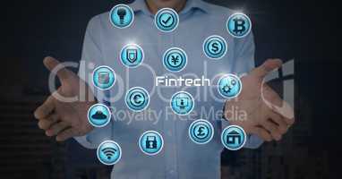 Businessman with hands palm open and Fintech with various business icons