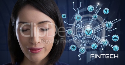 Businesswoman thinking Fintech with various business icons interface
