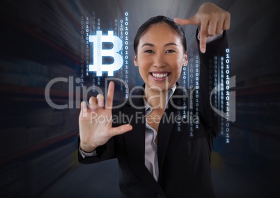 Businesswoman touching bitcoin graphic icon