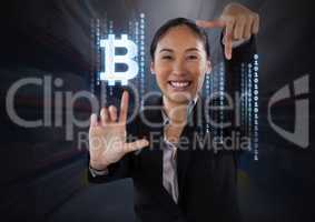 Businesswoman touching bitcoin graphic icon