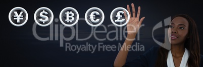 Businesswoman touching money currency graphic icons