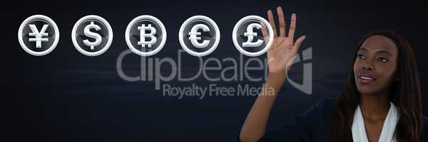 Businesswoman touching money currency graphic icons