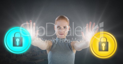 Futuristic Businesswoman touching security lock icons