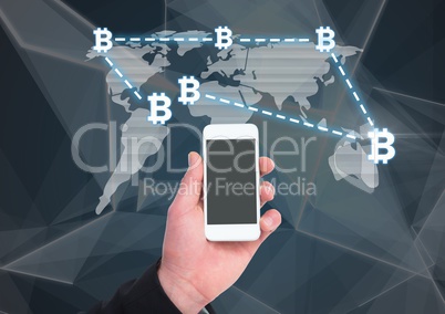 Bitcoin icons on world map with hand holding phone