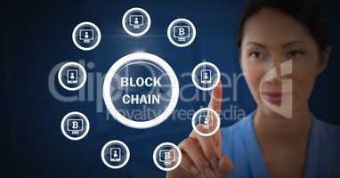 Businesswoman touching blockchain graphic icons