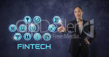 Businesswoman touching Fintech with various business icons