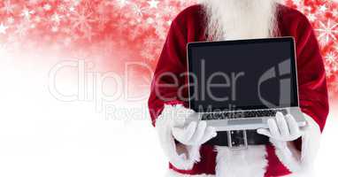 Santa holding laptop and Snowflake Christmas pattern and blank space