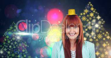 Woman wearing party hat and Snowflake New Year Party lights colorful pattern shapes