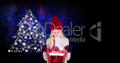 Woman opening gift and Snowflake Christmas tree pattern shape