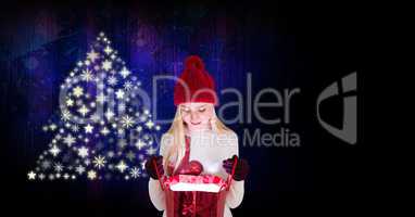 Woman opening gift and Snowflake Christmas tree pattern shape