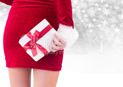 Woman holding gift and Snowflake Christmas pattern and blank space