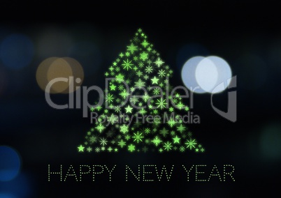 Happy New Year text and Snowflake Christmas tree pattern shape