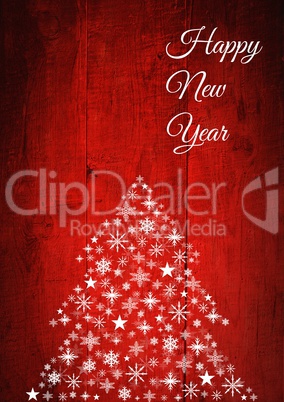 Happy New Year text and Snowflake Christmas tree pattern on wood