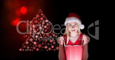 Woman Santa looking in gift bag and Snowflake Christmas tree pattern shape
