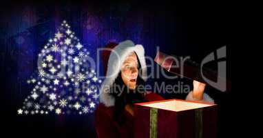 Woman Santa opening gift and Snowflake Christmas tree pattern shape