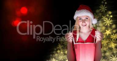 Woman opening gift box and Snowflake Christmas pattern