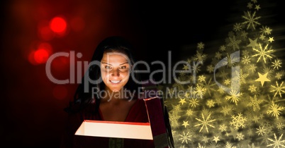 Woman opening gift box and Snowflake Christmas pattern