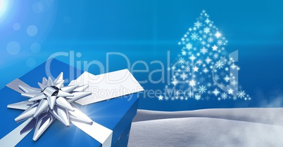 Gift box and Snowflake Christmas tree pattern shape in snow landscape