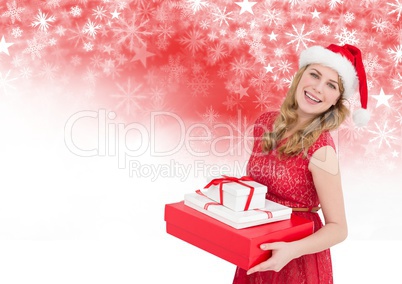 Woman holding gifts and Snowflake Christmas pattern and blank space