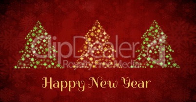 Happy New Year text and Snowflake Christmas tree pattern shapes