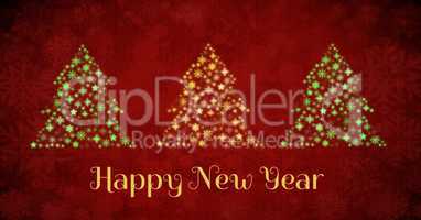 Happy New Year text and Snowflake Christmas tree pattern shapes