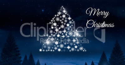 Merry Christmas text and Snowflake Christmas tree pattern shape glowing in Winter night sky
