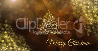 Merry Christmas text and Golden Snowflake Christmas tree pattern shape