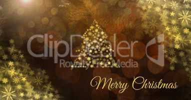 Merry Christmas text and Golden Snowflake Christmas tree pattern shape