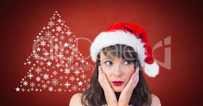 Woman Santa surprised and Snowflake Christmas tree pattern shape