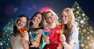 Women having party with cocktails and Snowflake New Year Party lights colorful pattern shapes