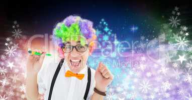 Party man with funny colorful hair and Snowflake Christmas tree colorful pattern shapes for New Year