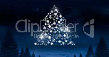 Snowflake Christmas tree pattern shape glowing in Winter night sky
