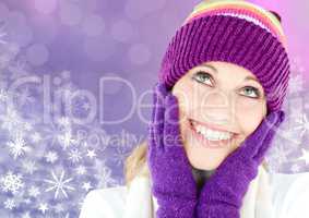 Woman in Winter clothes and Snowflake Christmas patterns