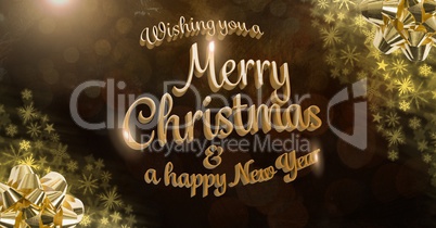 Merry Christmas and Happy New Year text and Golden Snowflake Christmas pattern
