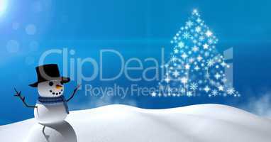 Snowflake Christmas tree shape with snow landscape and snowman
