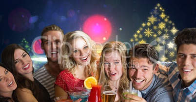 Party people having fun and Snowflake New Year Christmas Party lights colorful pattern shapes