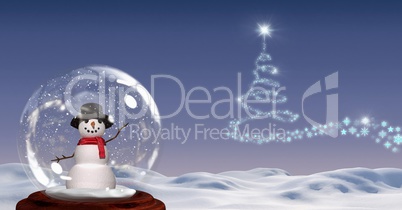 Snow globe with snowman and Snowflake Christmas tree pattern shape in snow landscape