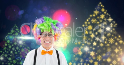 Man with party hair and Snowflake New Year Party lights colorful pattern shapes