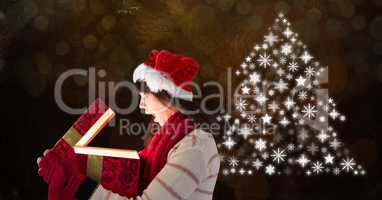 Woman opening gift and Snowflake Christmas tree pattern shape