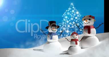 Snowflake Christmas tree shape with snow landscape and snowmen family