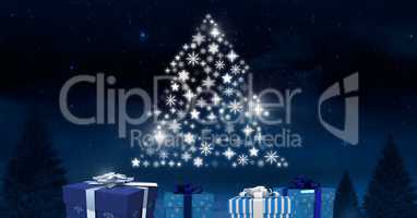 Gift boxes and Snowflake Christmas tree pattern shape glowing in Winter night sky