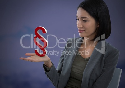 Section symbol icon and Businesswoman with hands palm open and dark background